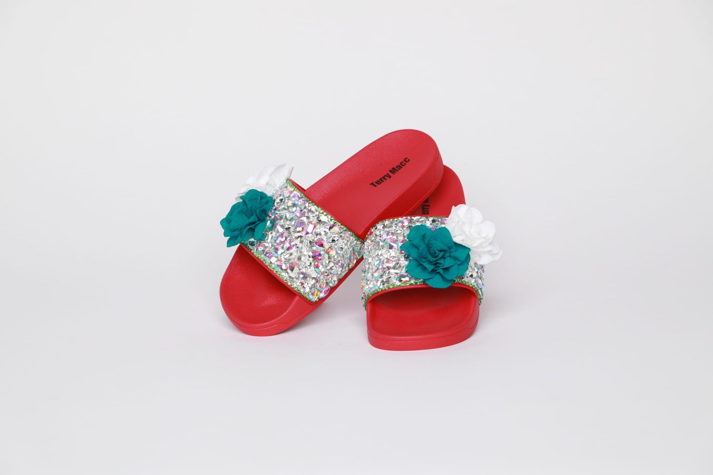 Terry Macc Crystal Bloom Slides – Red Base with Teal & White Flowers