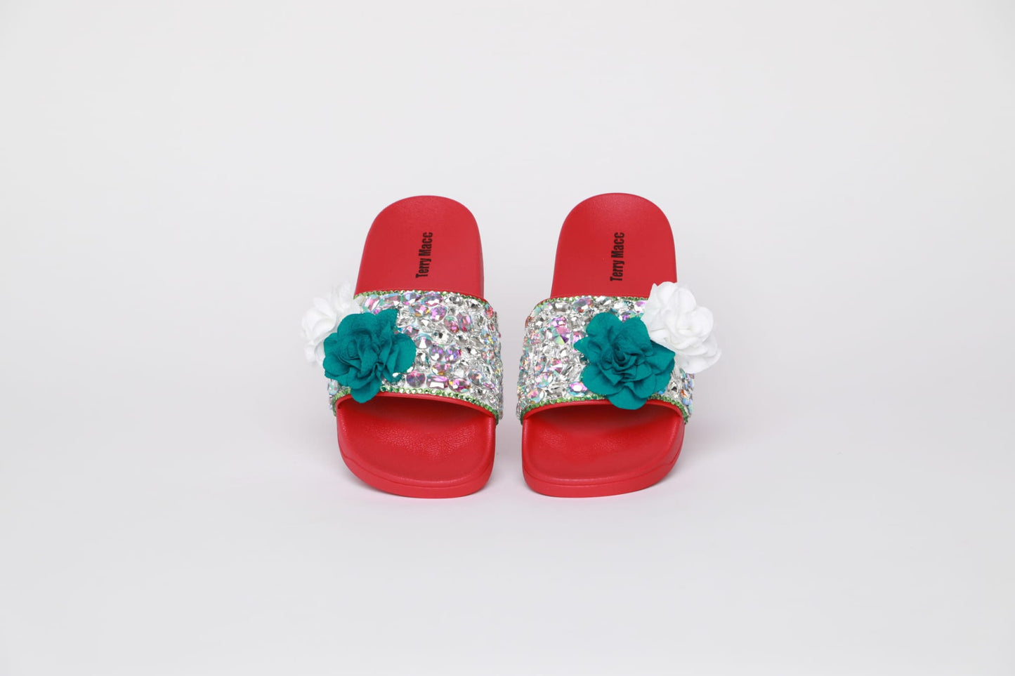 Terry Macc Crystal Bloom Slides – Red Base with Teal & White Flowers