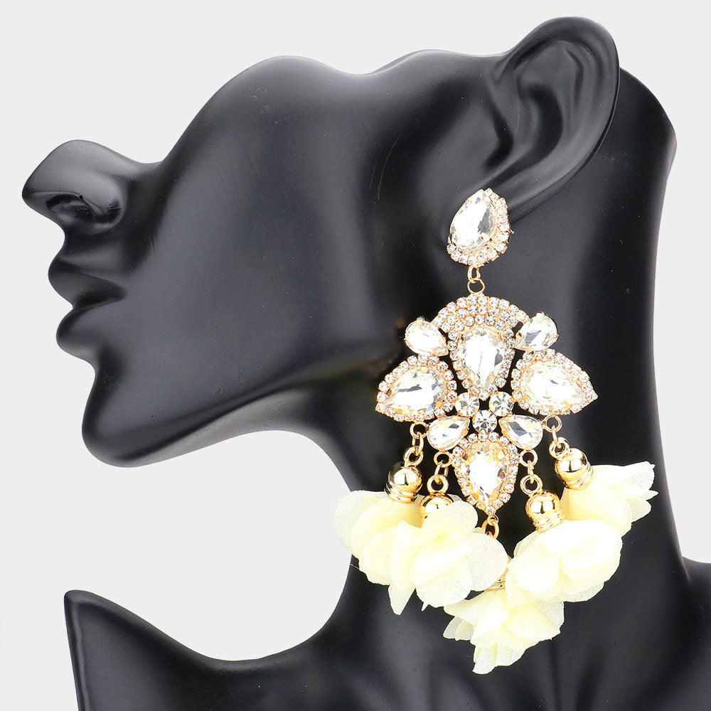 Teardrop Stone Accented Fabric Flower Dangle Chandelier Evening Earrings