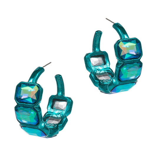 Emerald Cut Stone Cluster Hoop Earrings