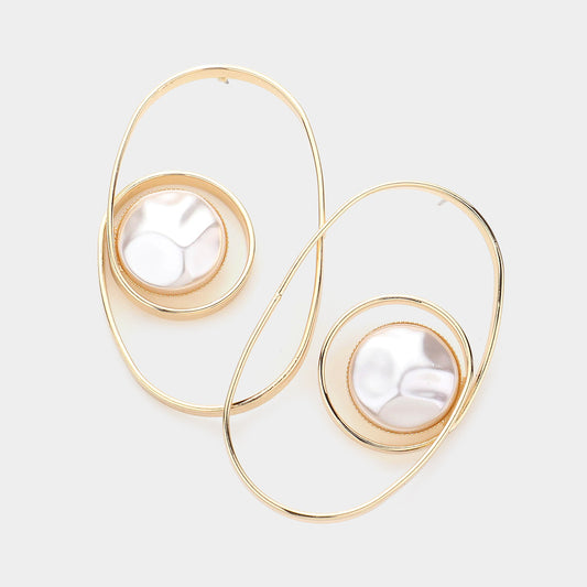 Pearl Accented Metal Oval Earrings