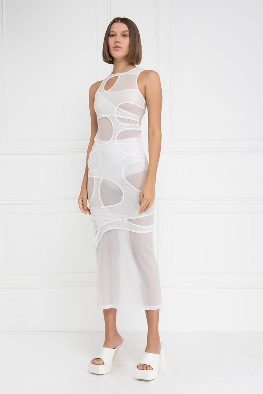  VIDEO

SHEER OFFWHITE CROSS-BANDED MAXI DRESS