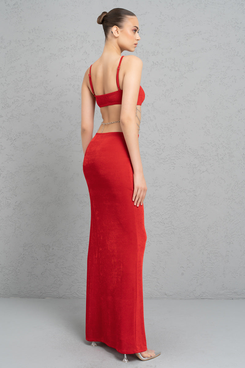 RED CHAIN-LADDER CUT OUT MAXI DRESS