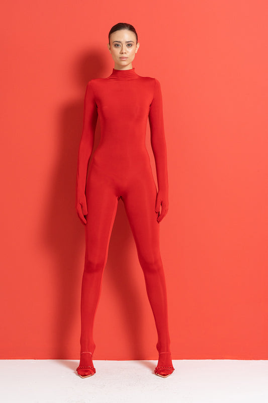 RED FOOTED CATSUIT WITH GLOVES