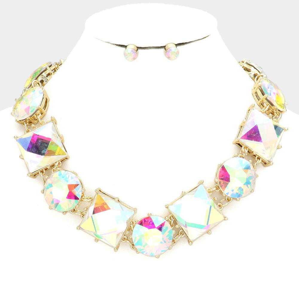 Geometric Round Square Stone Link Evening Necklace