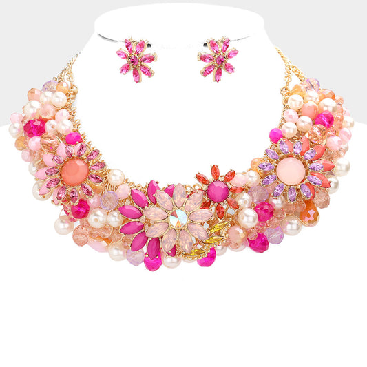Multi Stone Flower Pearl Embellished Collar Necklace