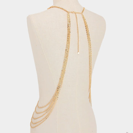 Crochet lace & draped metal body chain necklace